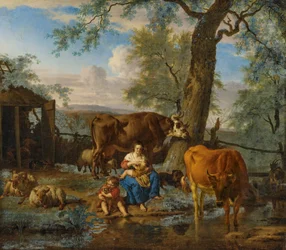 Bovins avec femme allaitante et enfant jouant avec un chien