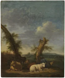 Paysage avec des moutons et un berger endormi
