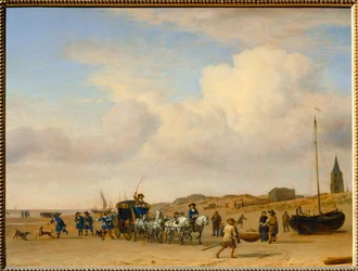 Noble equipage cheminant sur la plage de Scheveningen. 1660 ...
