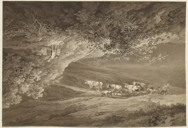 Un paysage avec un troupeau de vaches et de chèvres, surmonté d