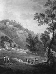 Vue vers le château de Pillnitz avec le jardin et la ruine artificielle, vers 1792