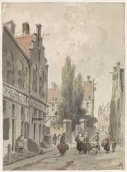 Vue de la ville avec un colporteur