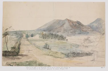Vue sur les volcans Gedé et Pangrango, route Cianjur-Cipanas et résidence du gouverneur général à Cipanas, Priangan, Java occidental