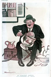 M. Vincent Auriol, Cartel Raccommodeur : dessin humoristique sur Vincent Auriol (1884-1938), sur la SFIO et le Cartel des gauches. Dessin de A. Barrere - dans « Fantasio » du 15/02/1929.