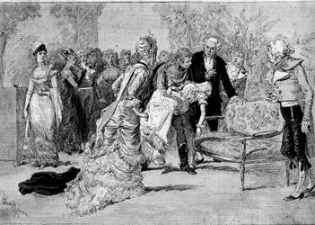 Représentation théâtrale : "Le beau Solignac" de Jules Claretie (1840-1913) et William Busnach (1832-1907) avec Édouard Angelo (Solignac) et Mlle Cassothy (Louise de Farges). Paris, théâtre du Châtelet