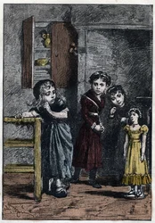 Les deux filles de Thenardier, Eponine et Azelma, regardent Cosette, qui a reçu la poupée Catherine - Illustration d