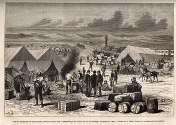 Vue du camp des Black Buttes, dernière station dans le désert rouge (désert de Mojave) du chemin de fer du Pacifique, en septembre 1868, gravure d