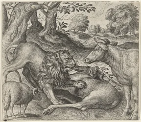 Fable du lion, de la vache et du mouton à la chasse