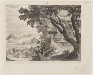 Paysage fluvial avec deux personnes assises sous un arbre