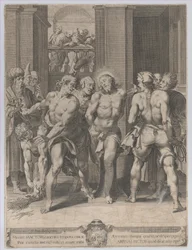 La flagellation du Christ, avec des flagelleurs de chaque côté et des figures regardant d