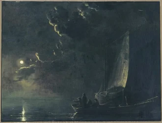 French : Paysage lunaire, au premier plan une barque de pêche avec des pêcheurs Fishermen by Moonlight