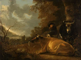 Paysage avec des vaches et un jeune berger
