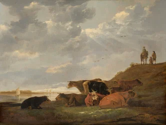 Paysage fluvial avec des vaches
