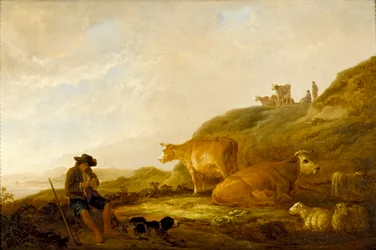 Berger assis avec des vaches et des moutons dans un pré, vers 1644