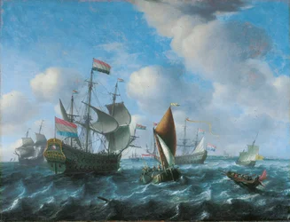 Un vaisseau de guerre, possiblement Het Wapen van Utrecht, un wijdschip et un spiegelsloep par vent fort, 1671