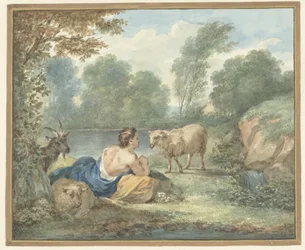 Bergère avec des moutons dans un paysage avec un étang
