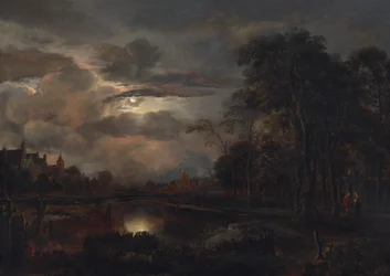 Paysage au clair de lune avec pont