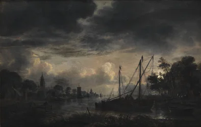 Paysage fluvial au clair de lune