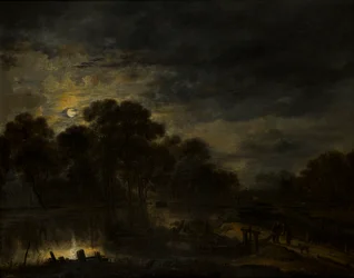 Paysage fluvial au clair de lune