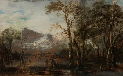 Paysage boisé avec un chasseur