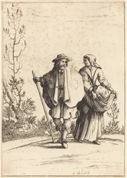 Couple de mendiants, avec paysage en arrière-plan