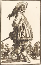 Noble homme avec manteau bordé de fourrure, les mains derrière le dos