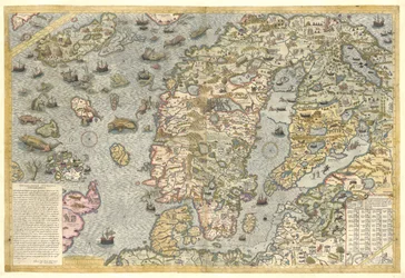 Reproduction fidèle de la Carta marina (une carte murale de la Scandinavie par Olaus Magnus publiée en 1539)