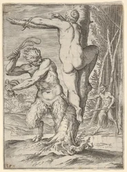 Un satyre fouettant une nymphe, représentée de dos et attachée à un arbre, un second satyre..., vers 1590-95