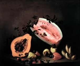 Nature morte avec papaye, pastèque et noix de cajou