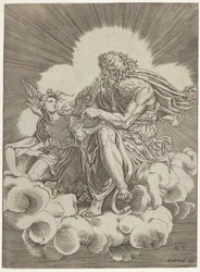 Saint Matthieu, assis sur un nuage et trempant une plume dans un encrier tenu par un ange..., vers 1518-20
