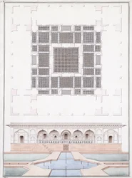 Élévation de la façade sud et du palais du jardin du Suraj Bhawan à Dig, c.1830