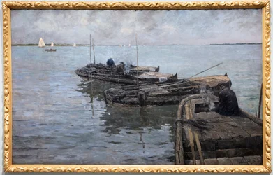 Sur la Basse-Escaut, derniers rayons, pêcheurs amarrés