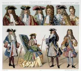 Costumes et coiffures de la noblesse française au XVIIIe siècle. Illustration dans «Le costume historique» de Racinet
