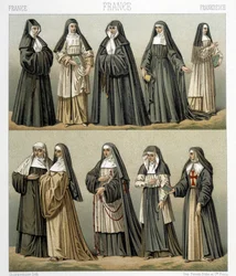 Costumes de religieuses en France au XVIIIe siècle. Illustration dans «Le costume historique» de Racinet