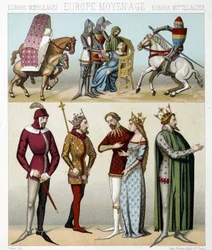 Costumes du Moyen Âge en France. Illustration dans « Le costume historique » par Racinet
