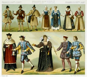 Costumes de la noblesse et costumes populaires de France au 16e siècle. Planche chromolithographique - dans « Le costume historique » par Racinet