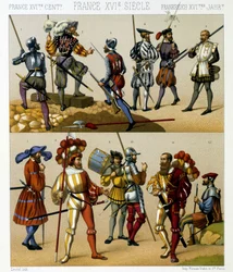 Costumes militaires français au XVIe siècle. Planche chromolithographique - dans « Le costume historique » par Racinet