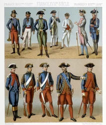 Costumes militaires français au XVIIIe siècle. Illustration dans « Le costume historique » de Racinet