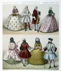 Hommes et femmes portant des costumes à la mode du 18e siècle en France. Illustration dans « Le costume historique » par Racinet