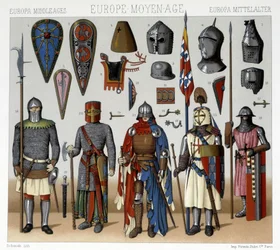 Costumes militaires et casques en France du 13e au 15e siècle. Illustration dans « Le costume historique » par Racinet