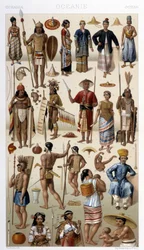 Peuples de Malaisie et de Polynésie (Océanie). Illustration dans « Le costume historique » par Racinet