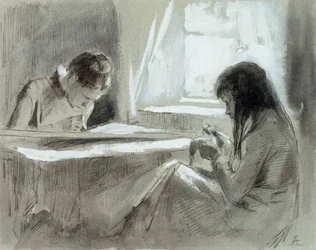 Jeunes filles cousant près de la fenêtre