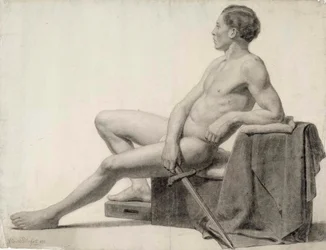 Modèle masculin assis tenant une épée, étude d