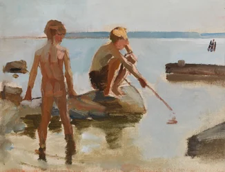 Esquisse pour des garçons jouant sur le rivage
