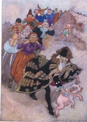Devant eux courait un gentleman dirigeant un cochon, de The Water Babies publié par Humphrey Milford Oxford University Press, vers 1930 (lithographie en couleur)