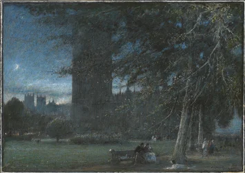Figures sous le palais de Westminster au crépuscule