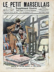 Un peintre dans un grenier peignant des natures mortes, la bouteille de vin et le gâteau utilisés comme modèle ne tiennent pas en place. Illustration d