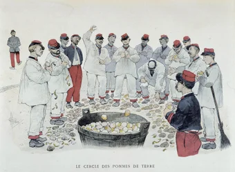 Le cercle des pommes de terre (chore de pluche) - dans "Mes campagnes", dessin par Guillaume, Paris, éd. Simonis Empis