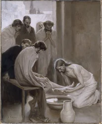 Le Christ lavant les pieds de ses disciples, par Edelfelt, Albert Gustaf Aristides (1854-1905). Grisaille