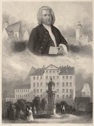 Portrait de Johann Sebastian Bach, Monument de Bach et église et école Saint-Thomas à Leipzig, c. 1860